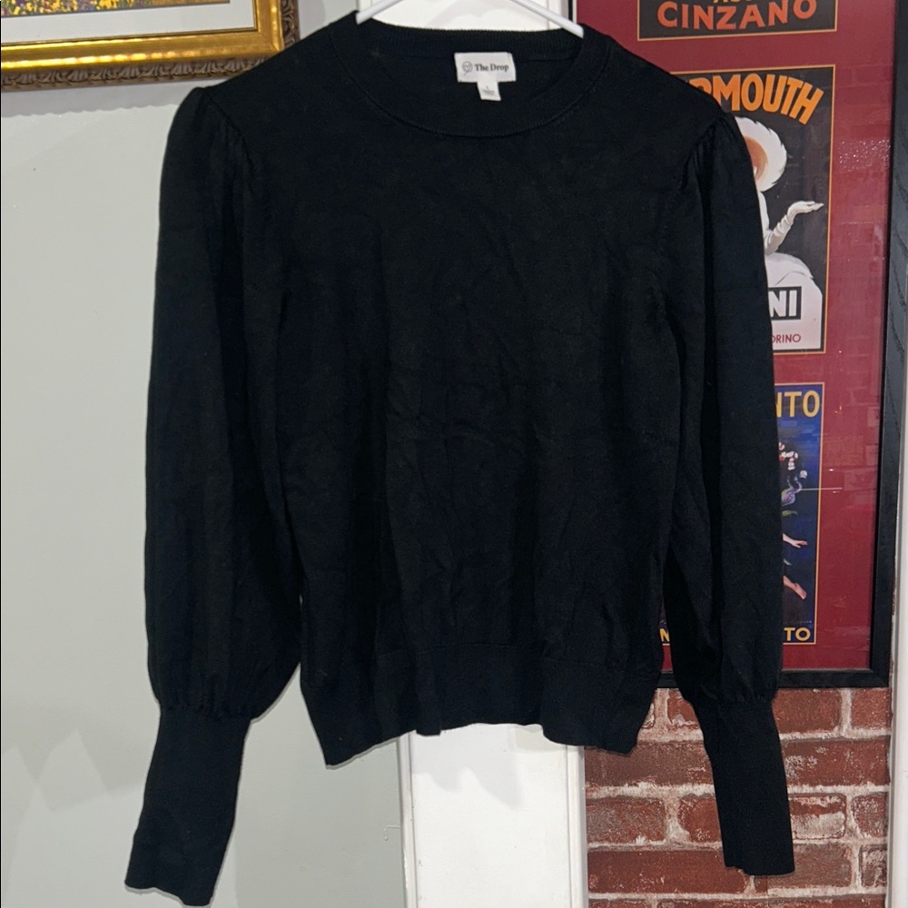 The Drope Black Puff-Sleeve Crewneck Sweater